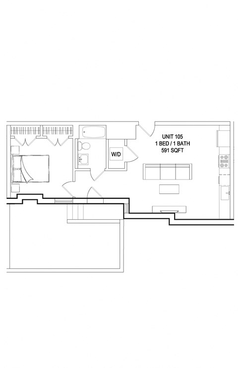 Floor plan for 1 bed, 1 bath, 591 sqft